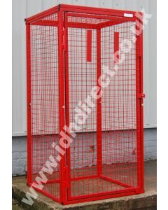 Tall and Deep Red Mesh Cage with Door Closed.
