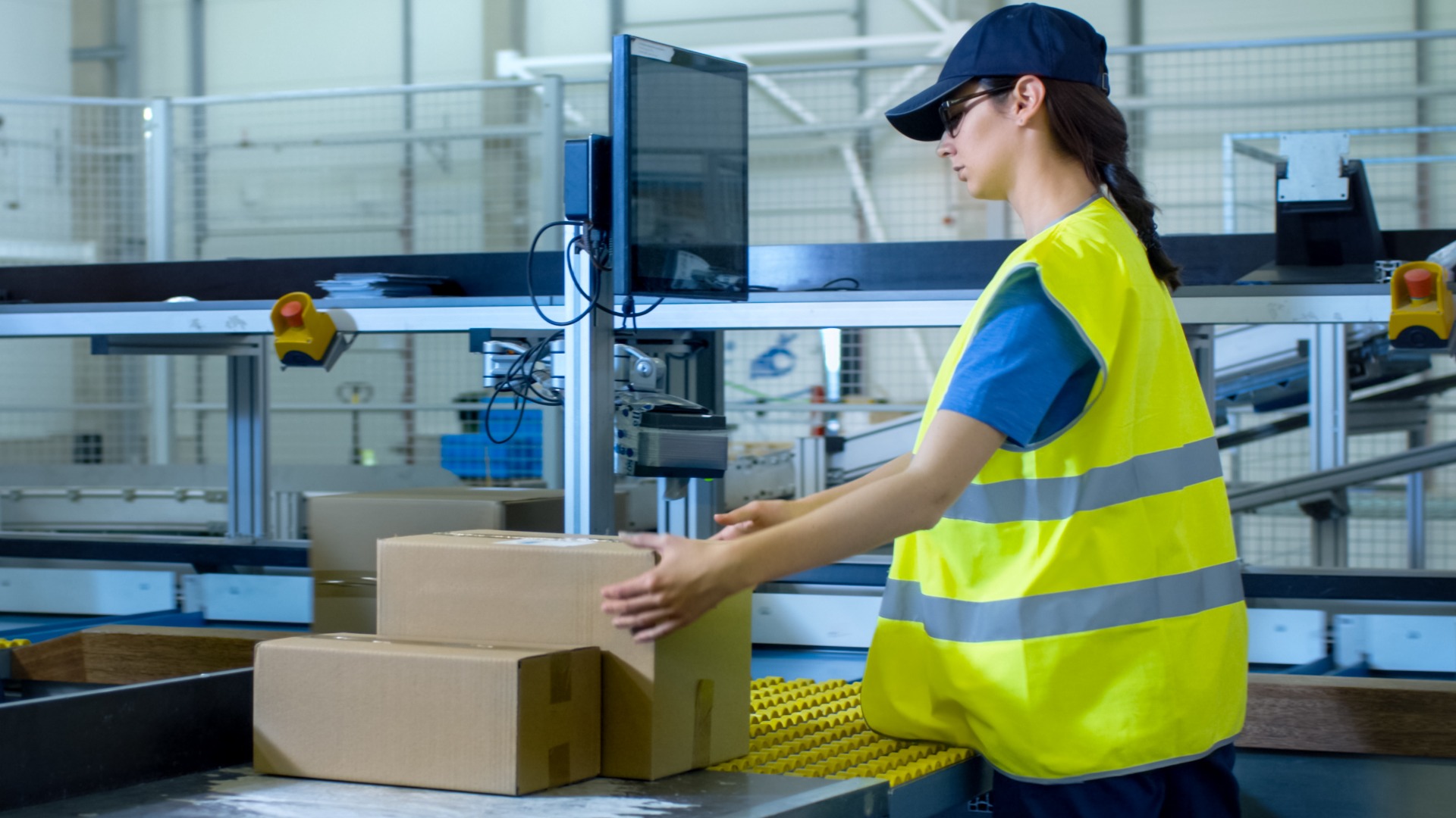 Woman boxing handling boxes in warehouse